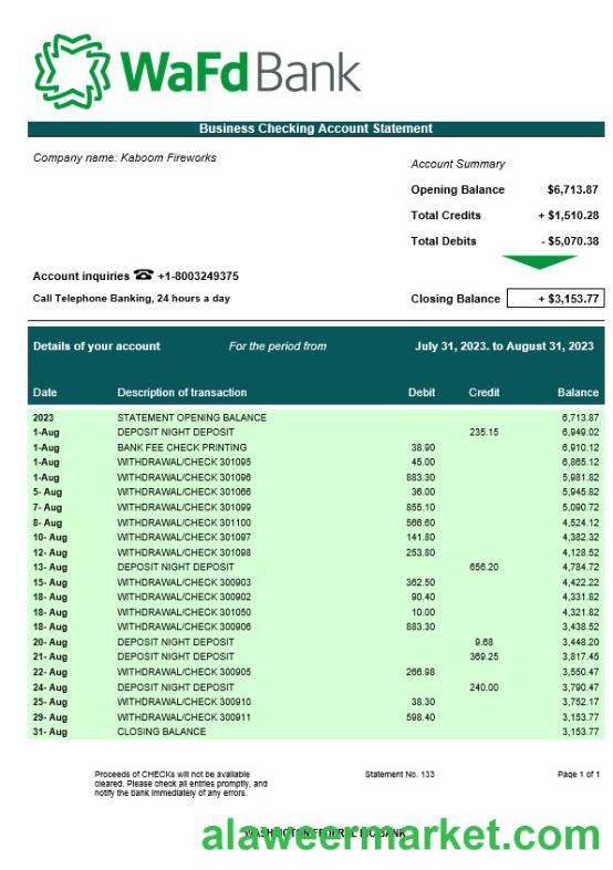 Washington Federal Inc Bank business checking account statement Word and PDF template